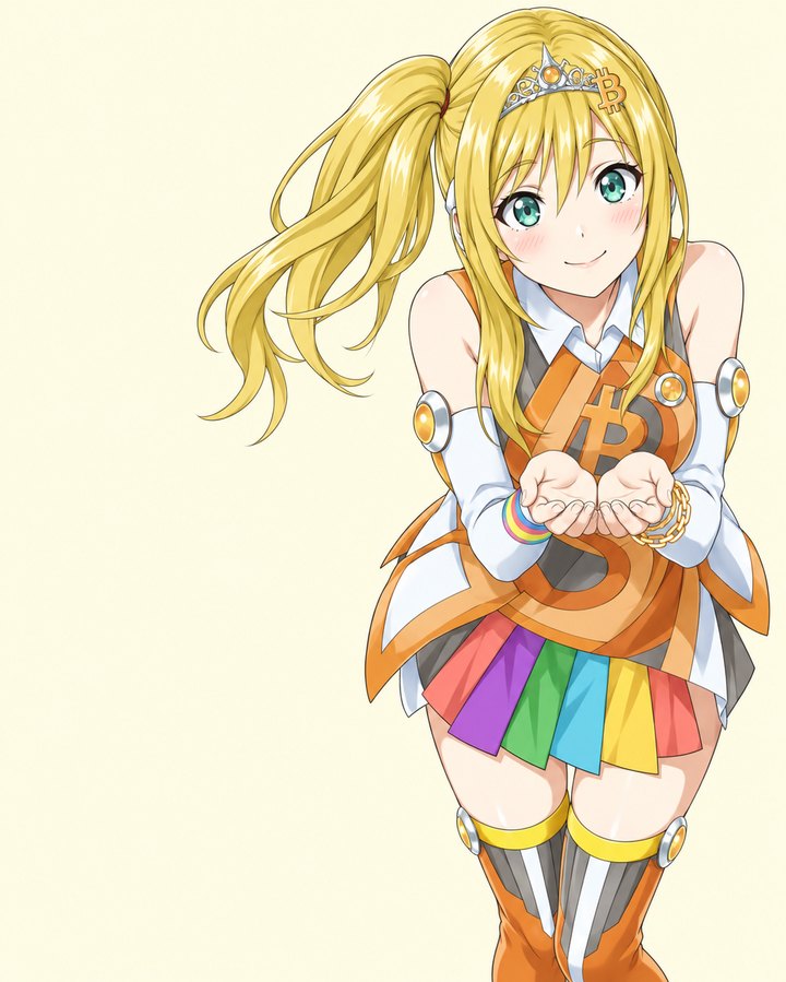 The Anime Bitcoin mascot leaning forward with both hands cupped together