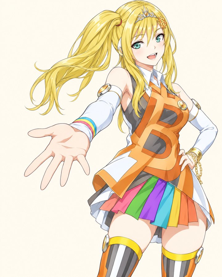 The Anime Bitcoin mascot holding out an open palm toward you
